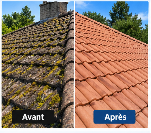 Nettoyage et démoussage de toiture avant après
